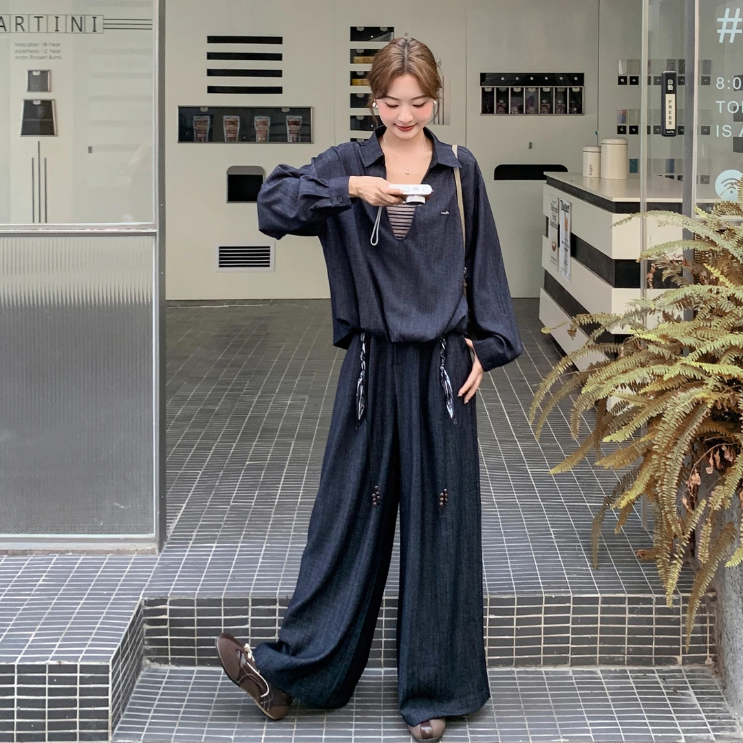 松弛感假两件条纹衬衫休闲裤套装女春秋巨好看减龄穿搭超火两件套