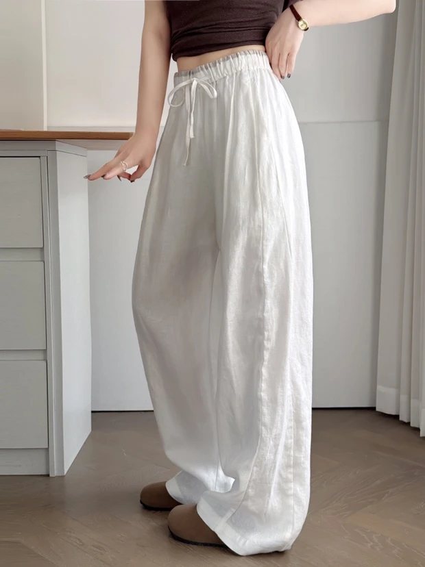 纯亚麻撞色腰夏季休闲宽松简约阔腿直筒裤薄款