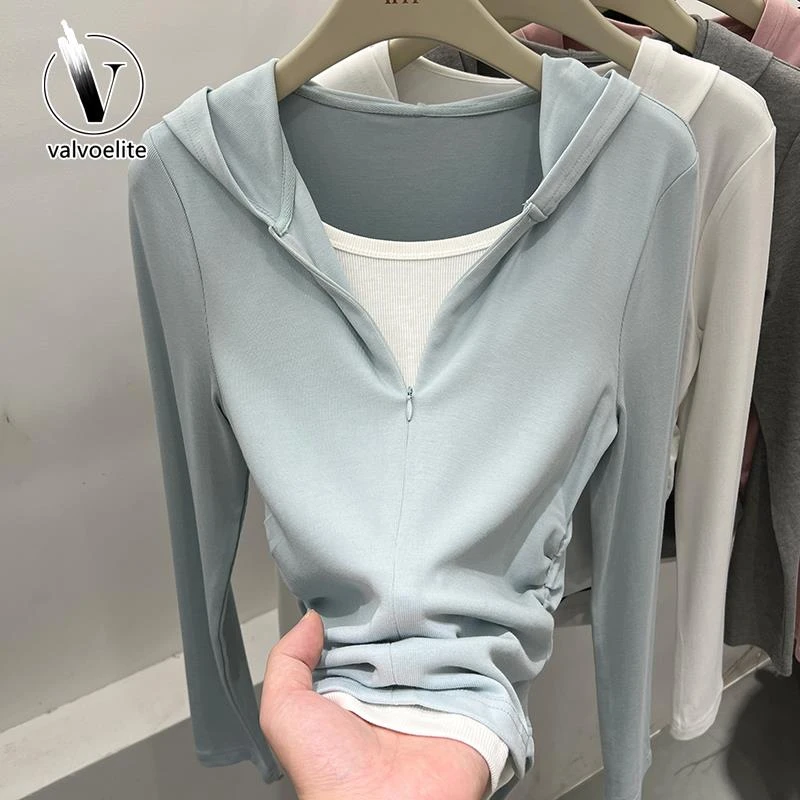 VALVOELITE设计感褶皱下摆拼接假两件长袖恤连帽衫女春季新款上衣