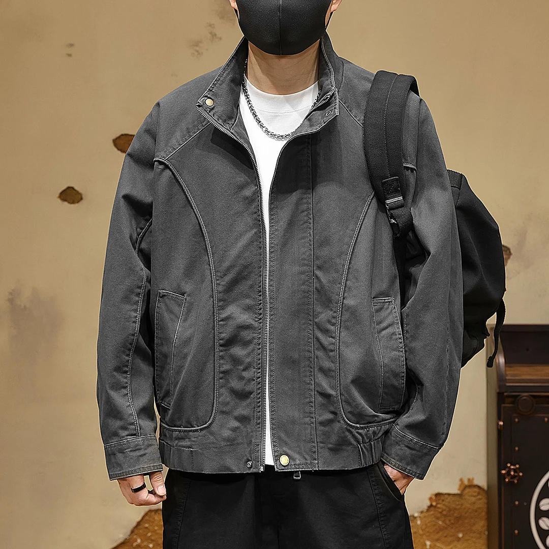 美式复古高街潮流宽松重磅机车立领夹克外套男士春秋季新款上衣男