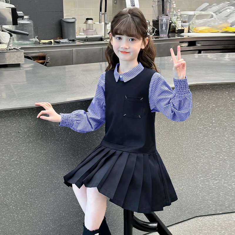 女童连衣裙春秋2025新款洋气儿童背心裙套装女大童春装学院风裙子