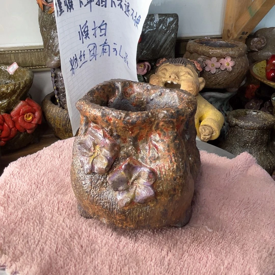 红陶粗砂陶手工花盆