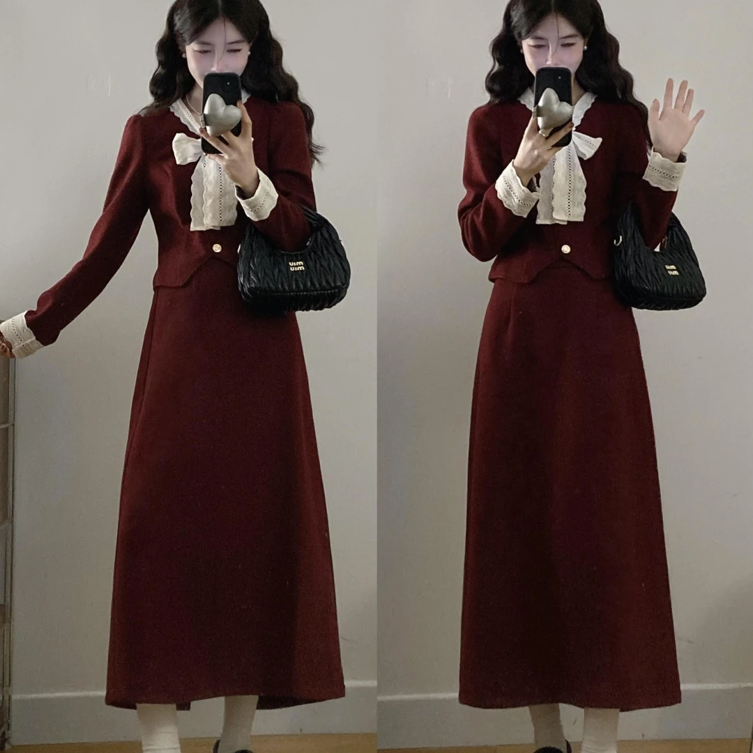 2025大码小香风套装裙女红色结婚订婚回门穿搭冬装两件套