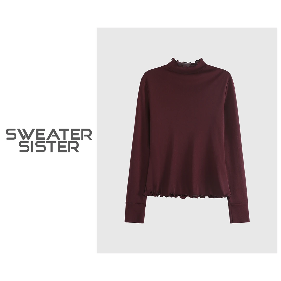 纯色立领木耳边长袖网纱t恤修身显瘦打底衫女6699-265