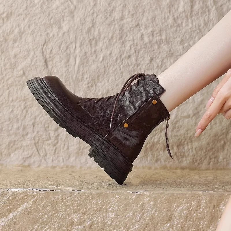 软羊皮棕色厚底真皮短靴女2025初秋冬新款圆头复古英伦风马丁靴潮