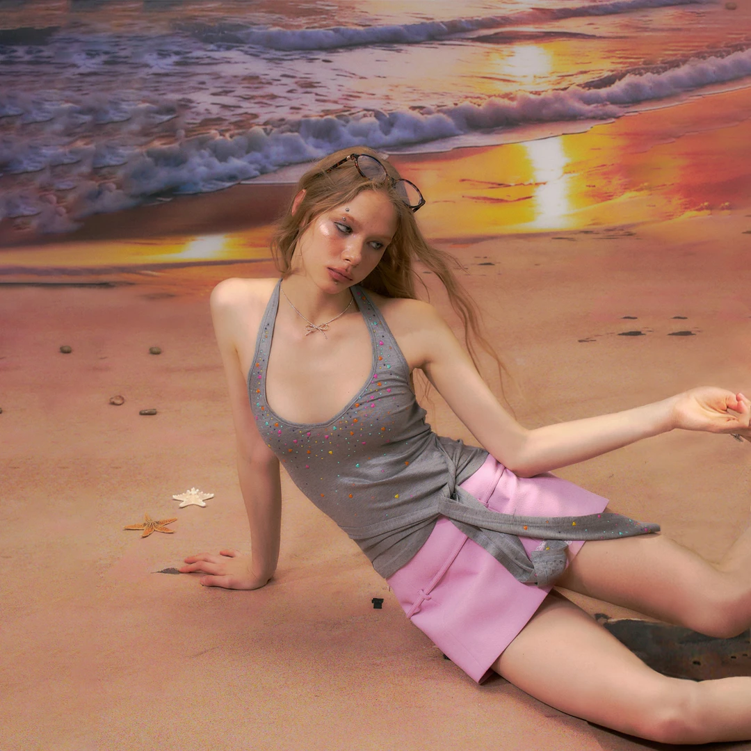 TheNevermore「落日熔金」灰色辣妹挂脖露背抹胸吊带背心性感上衣