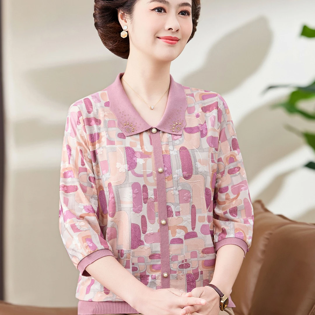 套装新款妈妈春夏装冰丝小衫洋气上衣中老年女装打底衫奶奶装T恤