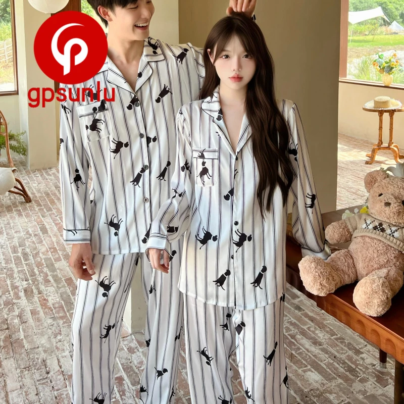 gpsunlu情侣睡衣女春秋新款带胸垫冰丝长袖男士高级感夏季家居服