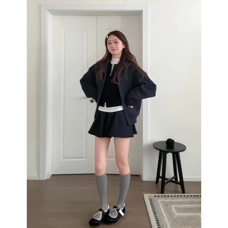 秋季法式气质宽松设计感拉链长袖外套百搭高腰显瘦半身裙女X11283