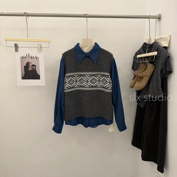 slx@ 4696 毛衣马甲牛仔套装