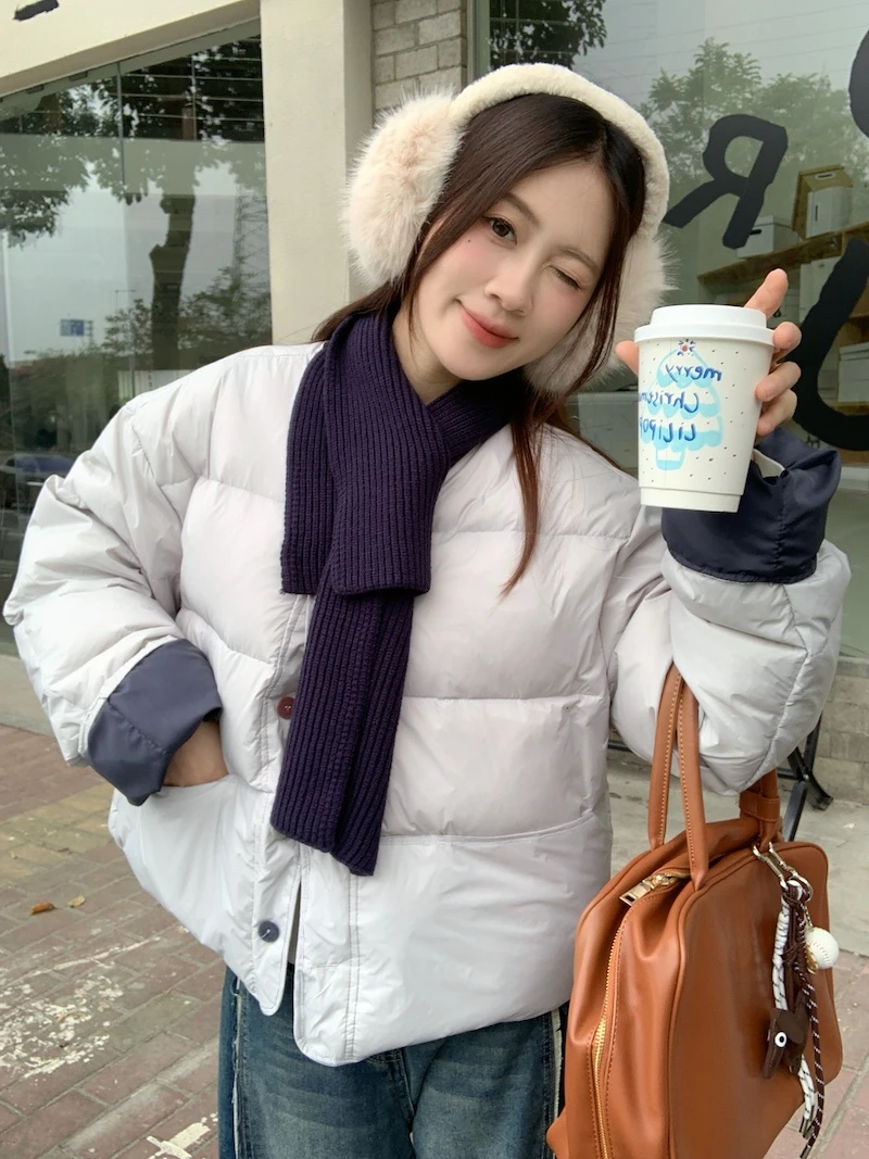 奶蓝色短款棉服女冬季2025新款韩系温柔风小个子显瘦圆领棉衣外套