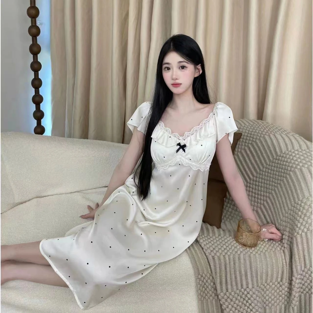 1豆【布蕾少女】月光丝带胸垫短袖睡裙高腰显瘦夏季女蕾丝法式睡衣