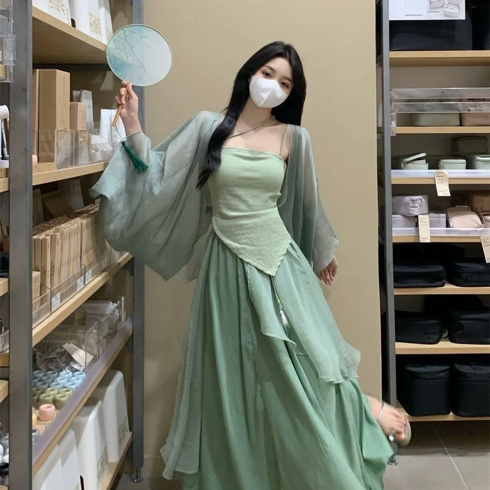 新中式女装国风改良汉服汉元素日常小个子绿色连衣裙子三件套装女