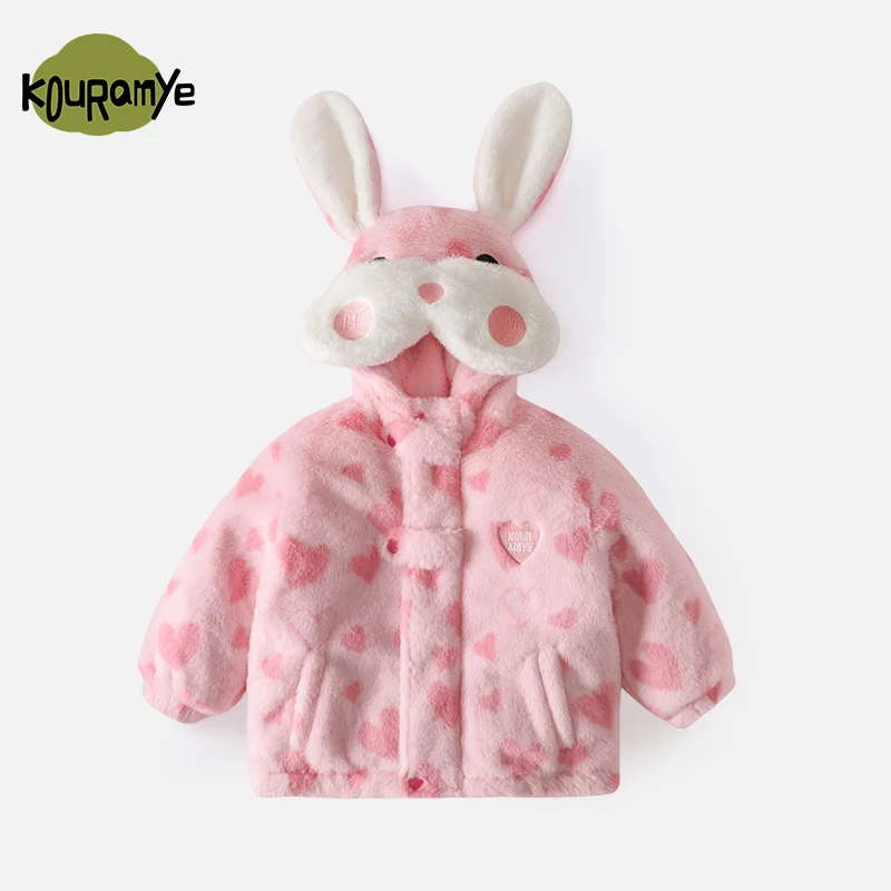 酷娃米冬款中小女童百搭甜美爱心兔耳朵毛毛外套20691