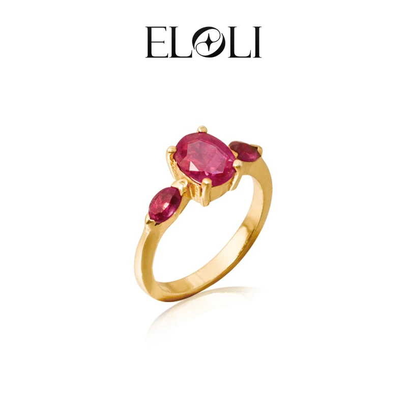 Eloli22K镀金 中古法式小众镶嵌红色宝石戒指R1217RB 925银
