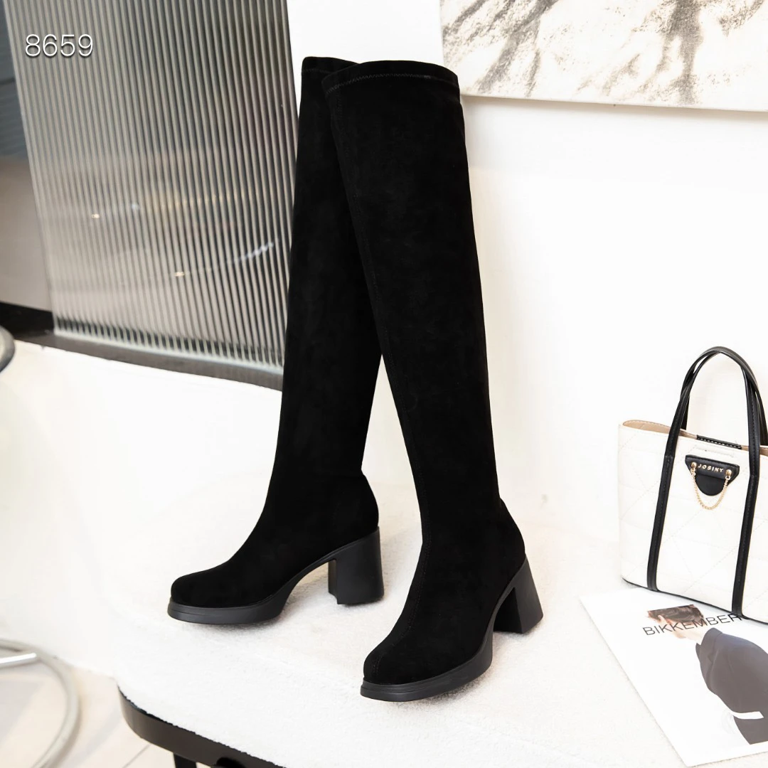 套筒中跟平跟小方头弹力瘦瘦靴过膝弹力靴高跟胶粘