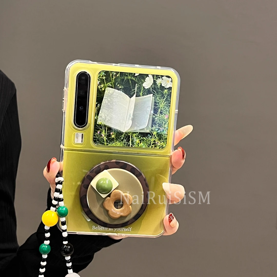 简约ins晕染竹绿宝石花朵磁吸支架适用华为PuraX折叠屏手机壳挂链