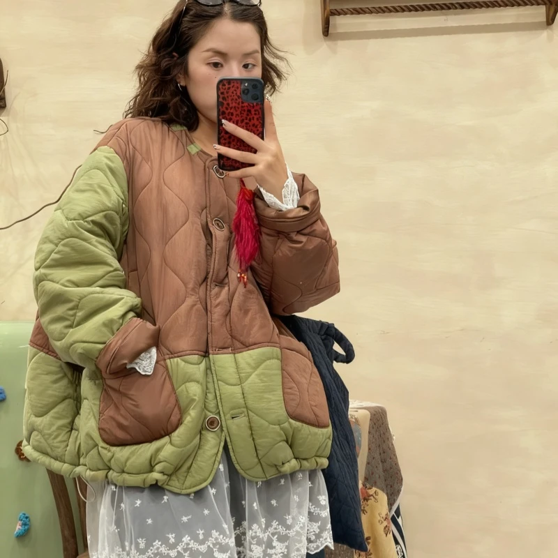 【棕雾青柠】宽松型厚款棉服复古秋冬女装立领保暖.k51128