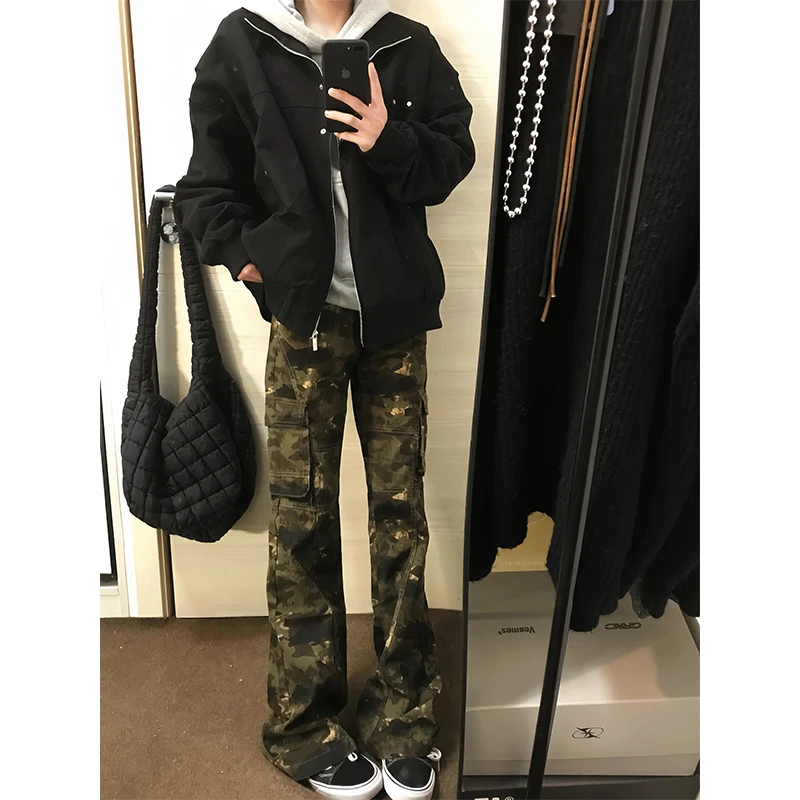 redfire微喇迷彩裤男款美式复古vibe工装裤子修身显瘦高街牛仔裤