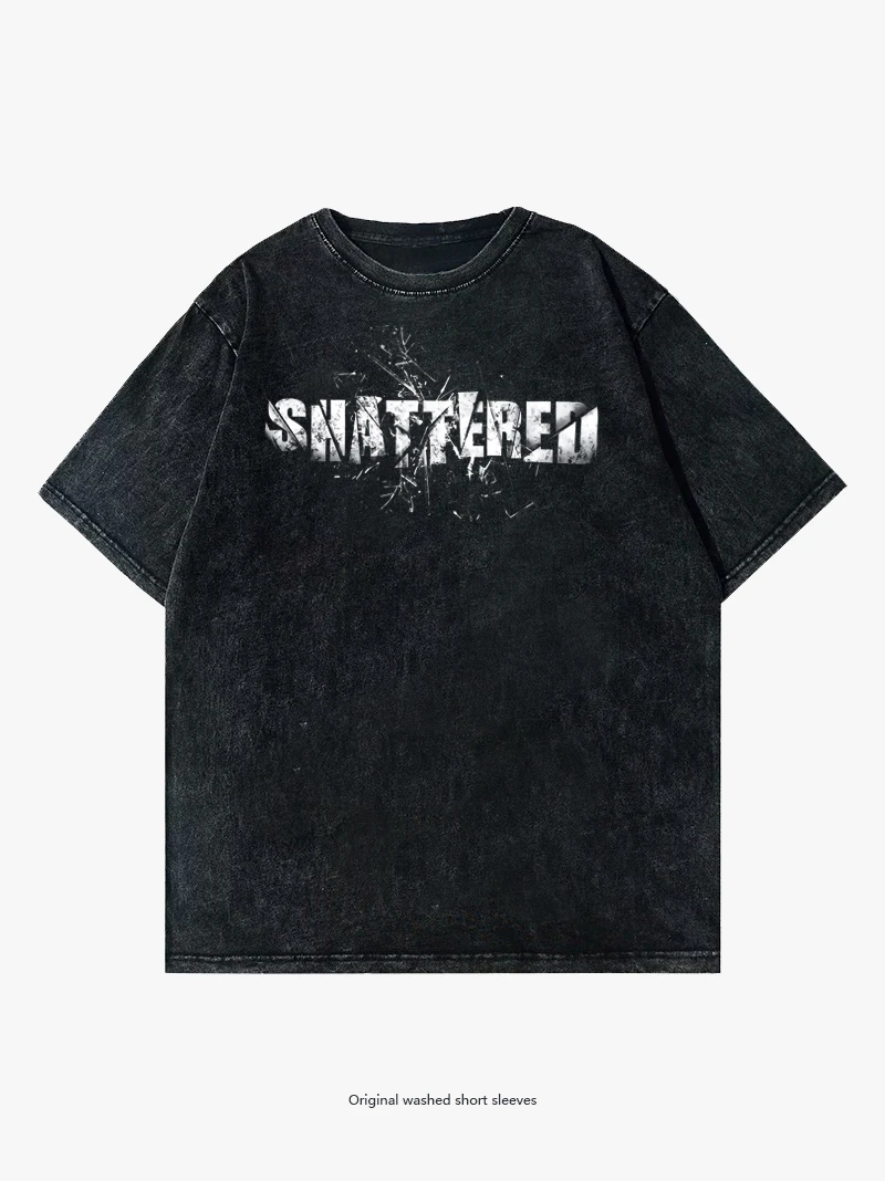 小麦色菲菲穿搭风格美式洗水复古男女同款短袖T恤宽松印花街头