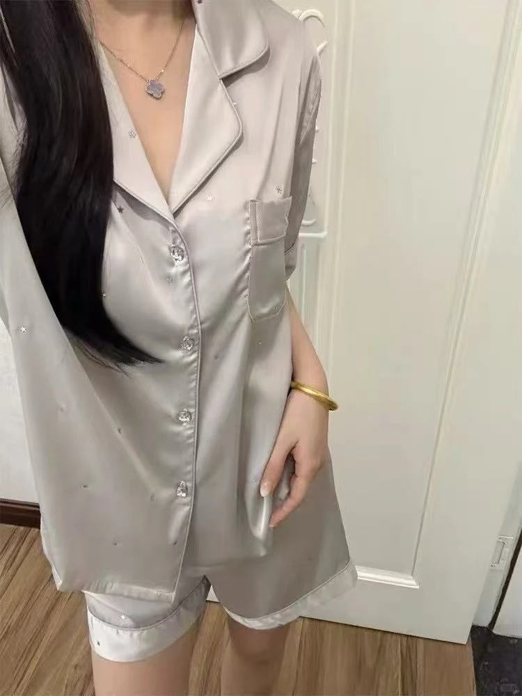 【短袖三件套】柔光丝睡衣女士春夏季提花冰雪丝开衫套装冰丝家居服