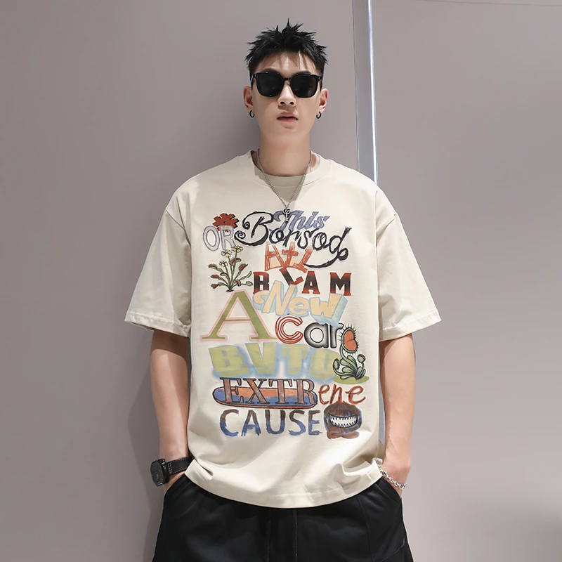 有术满印印花夏季潮牌短袖男美式潮牌宽松2025新款五分袖圆领t恤