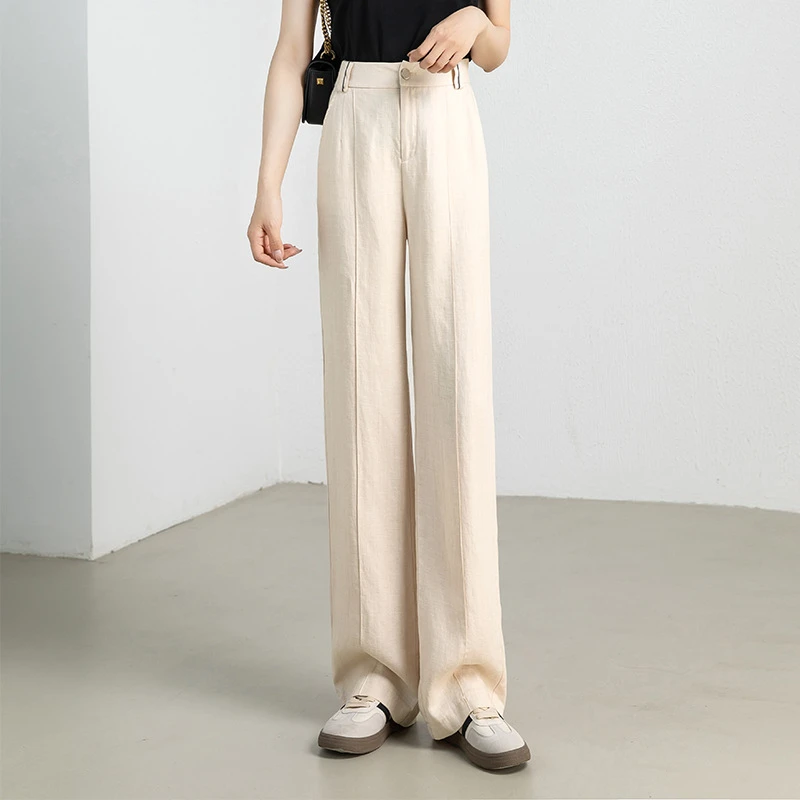 女士亚麻高腰直筒宽松透气垂感好显瘦休闲拖地阔腿长裤舒适感强