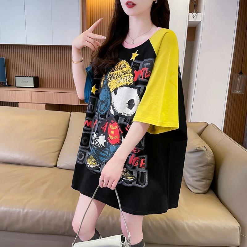 大码女装拼色中长款纯棉短袖t恤女夏季新款宽松慵懒风减龄上衣潮
