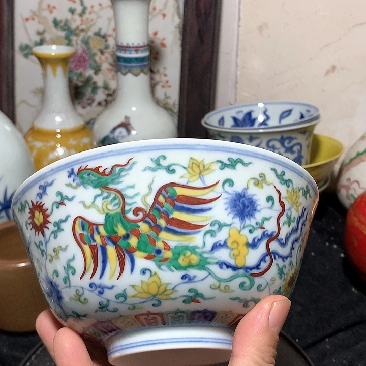 瓷片收****藏青花斗彩凤纹碗
