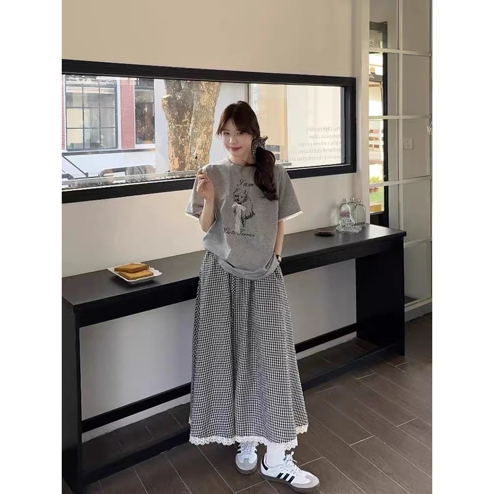 8妮妮家939韩系黑白格子高腰蕾丝花边拼接时尚百搭长裙