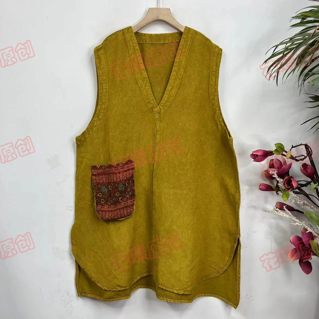 花璟原创设计复古炒色做旧无袖拼接口袋马甲（衣长92胸围140）