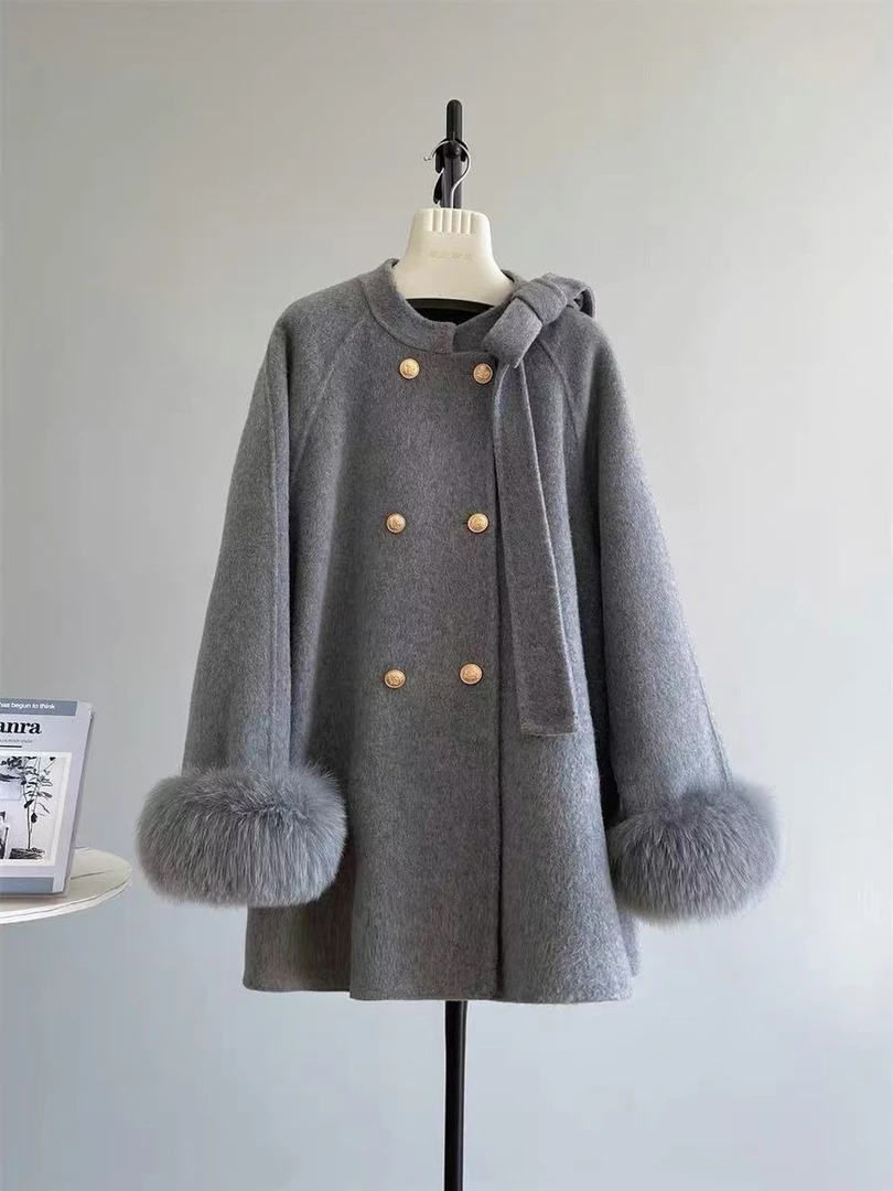 千金蝴蝶结狐狸毛双面羊绒大衣2025秋冬新款斗篷羊毛呢外套女