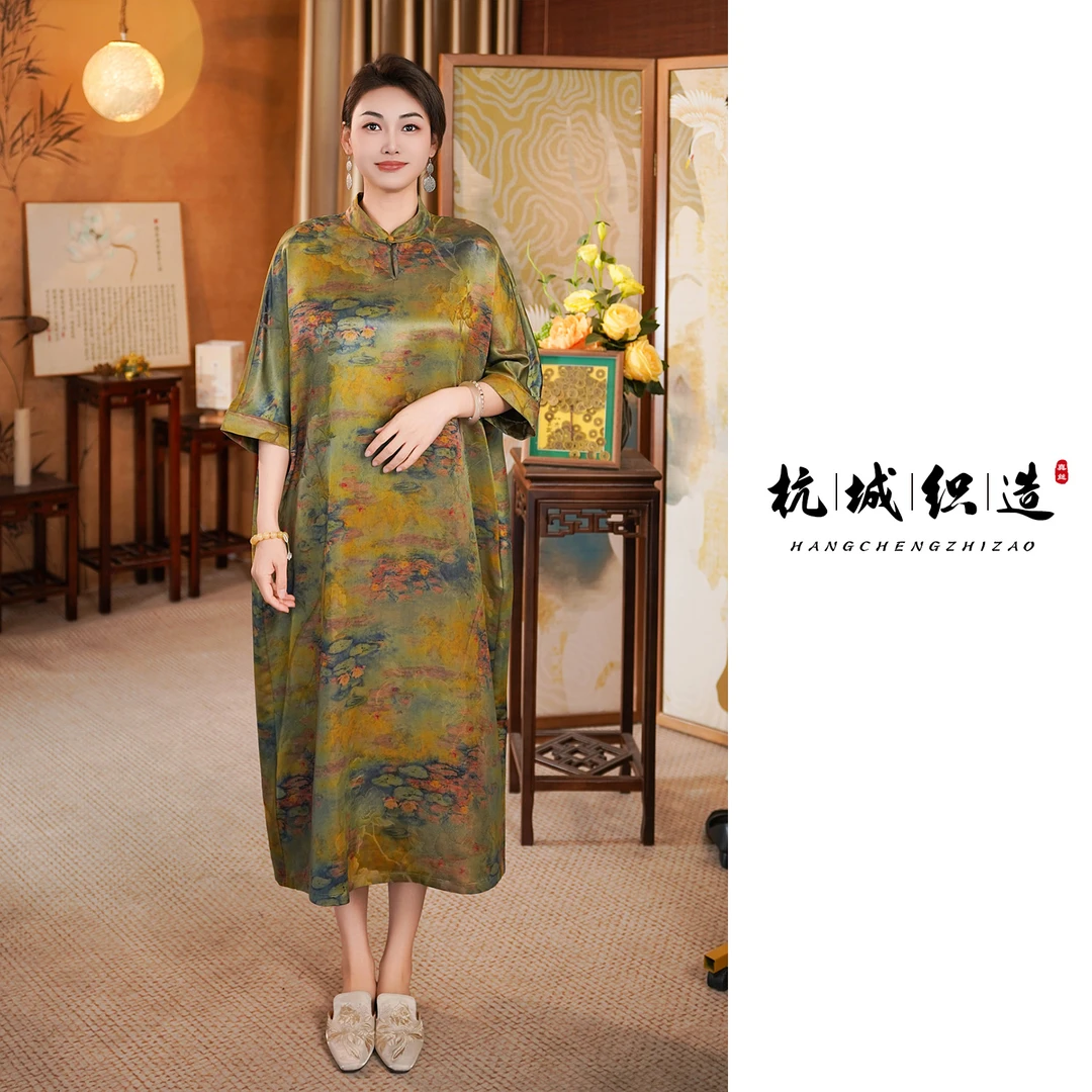 【莫奈睡莲】重工国风定位花老缎皮料香云纱连衣裙复古长裙