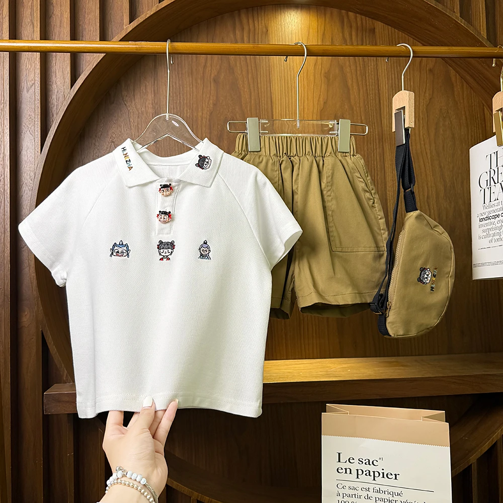【三件套】高定珠地棉重工刺绣哪吒系列Polo上衣休闲工装裤儿童挎包