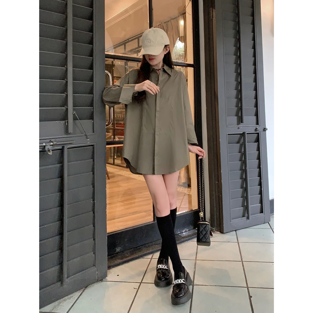 宽松设计感小众军绿色衬衫女复古港味高级女款竖条纹衬衫