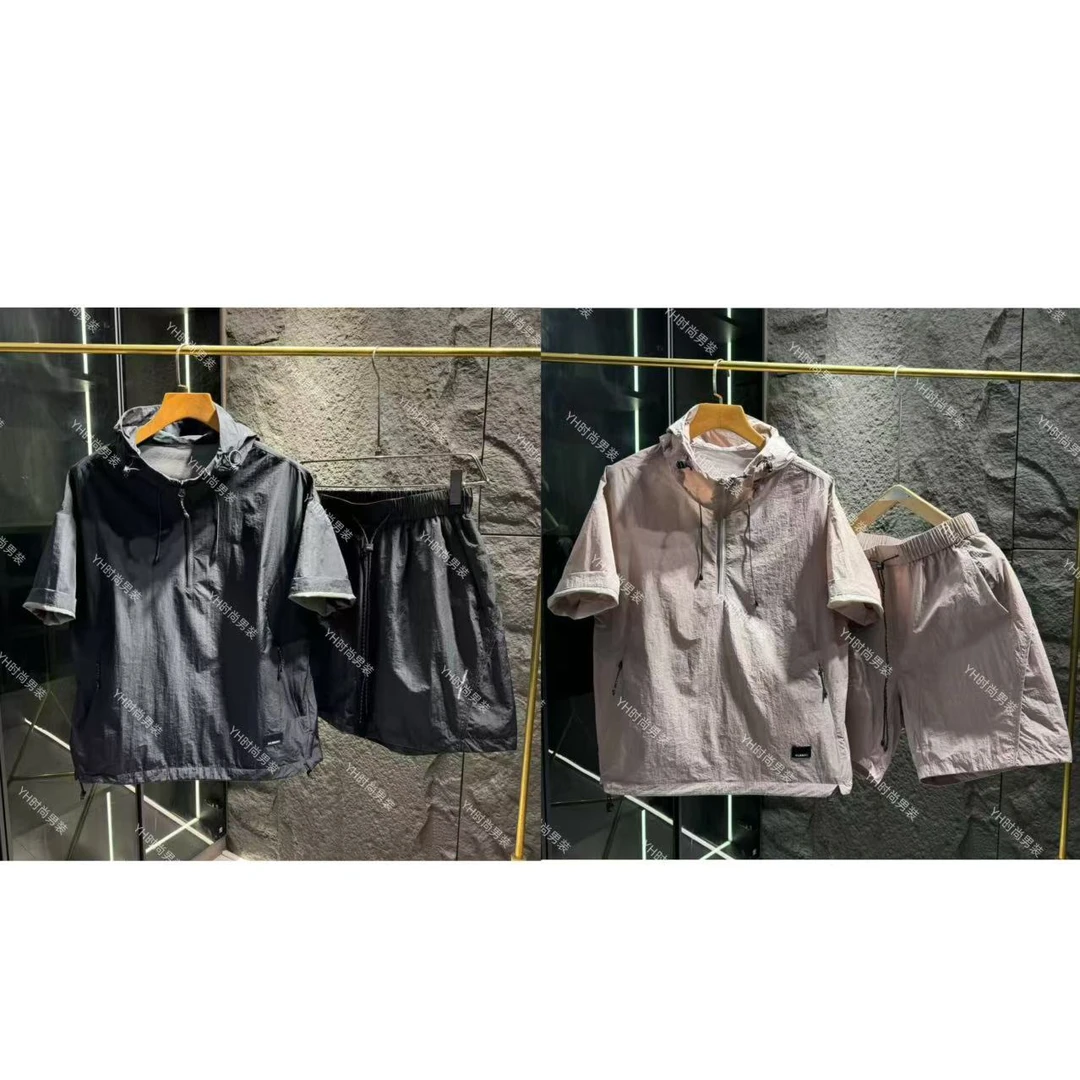 夏季新款连帽轻薄短袖套装男时尚宽松休闲百搭透气短袖短裤两件套