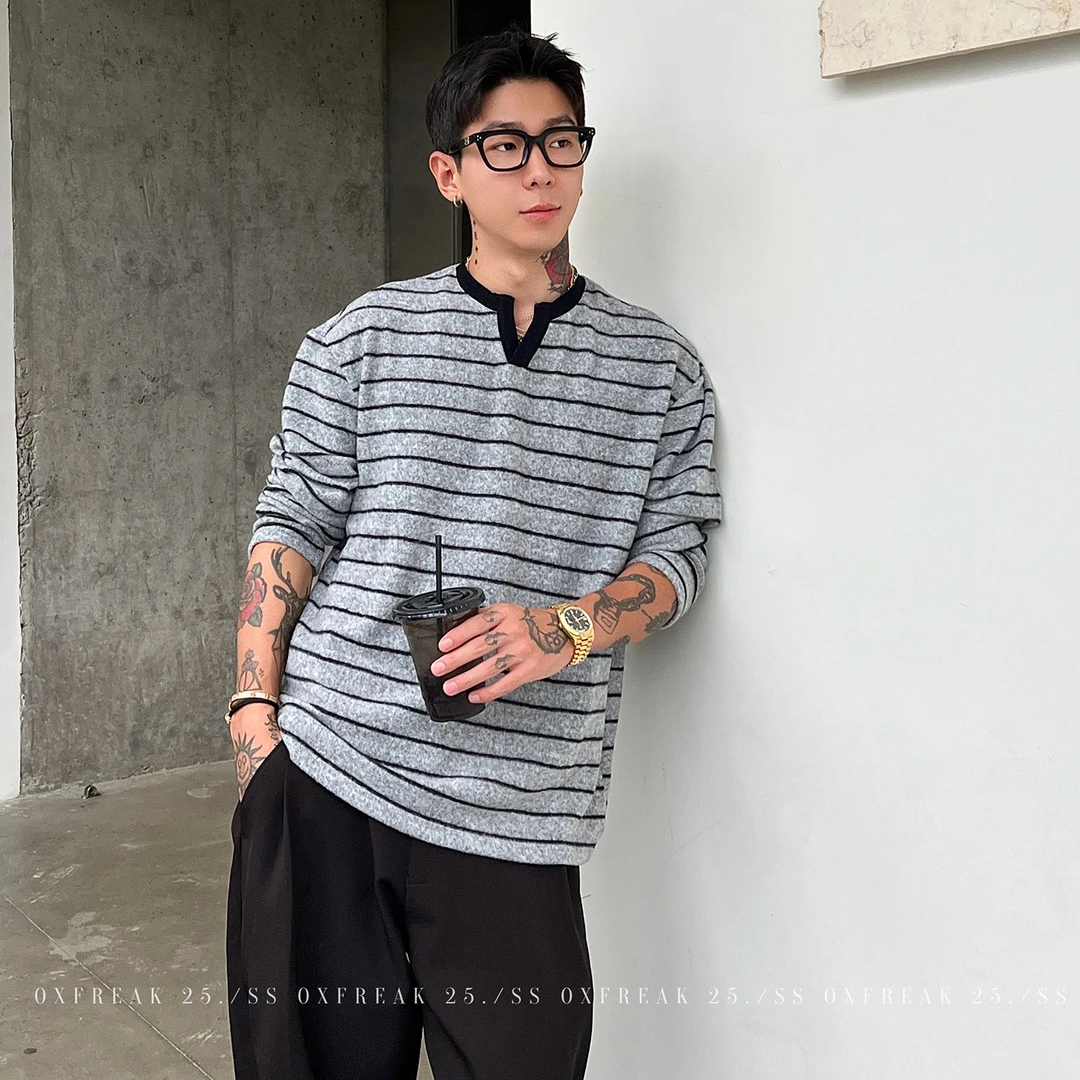 OXFREAK「绒毛感 老钱风」撞色条纹v领长袖t恤男宽松内搭情侣上衣