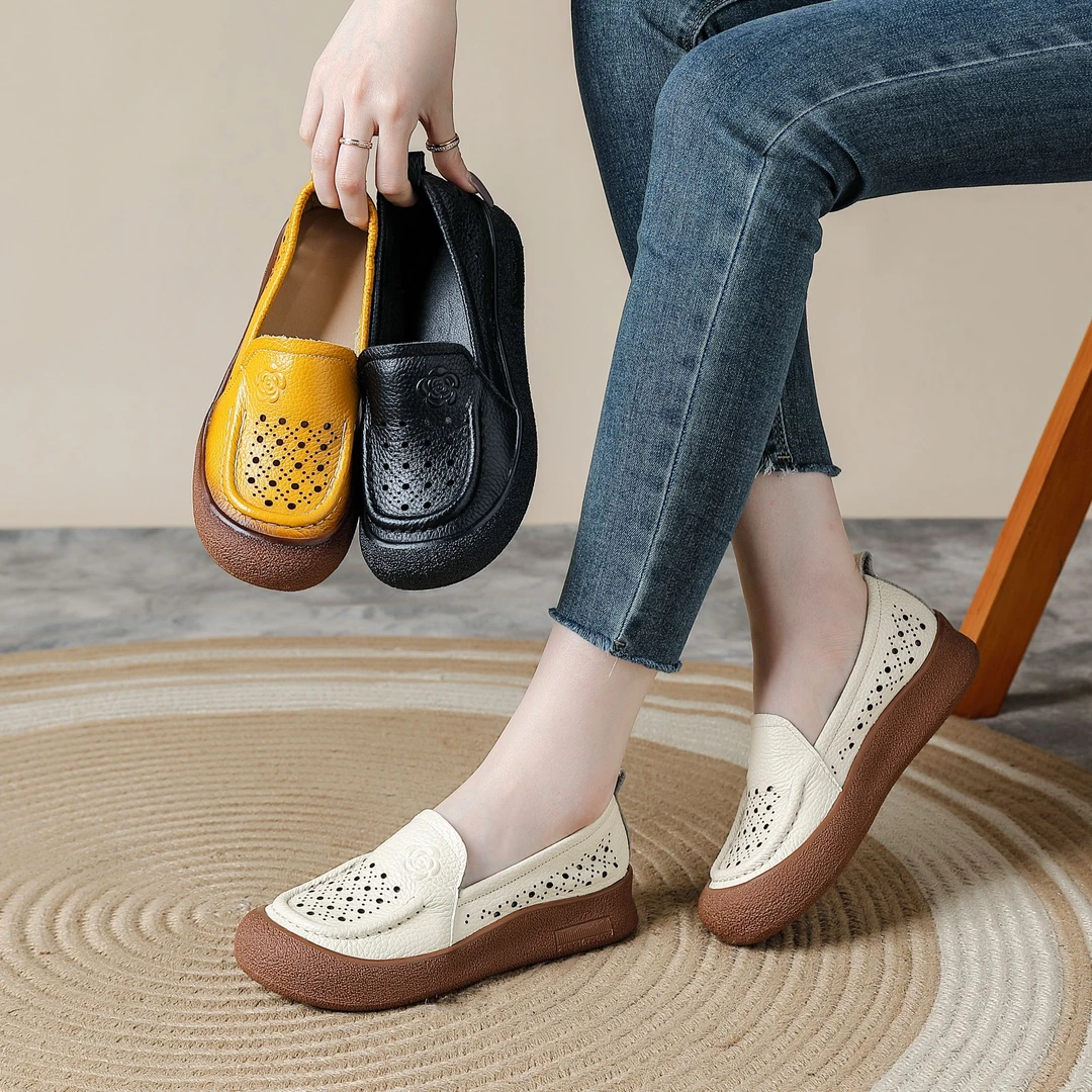 夏季真皮镂空真皮中老年女单鞋圆头防滑软底舒适妈妈鞋透气女皮鞋