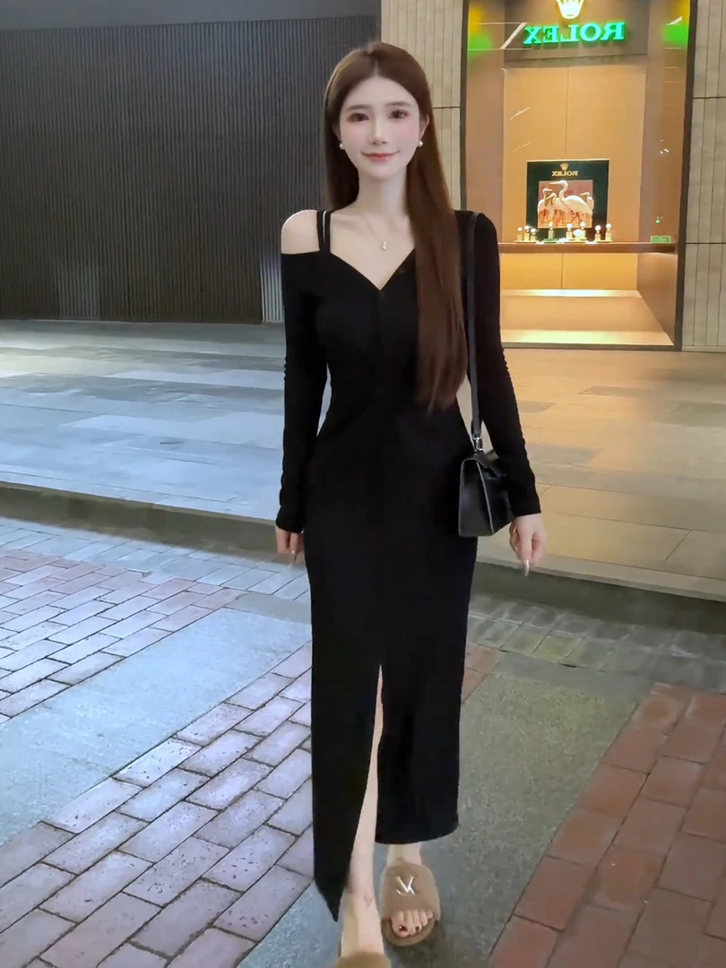 法式纯欲风扭结V领收腰连衣裙女2025秋季新款修身显瘦开叉包臂裙