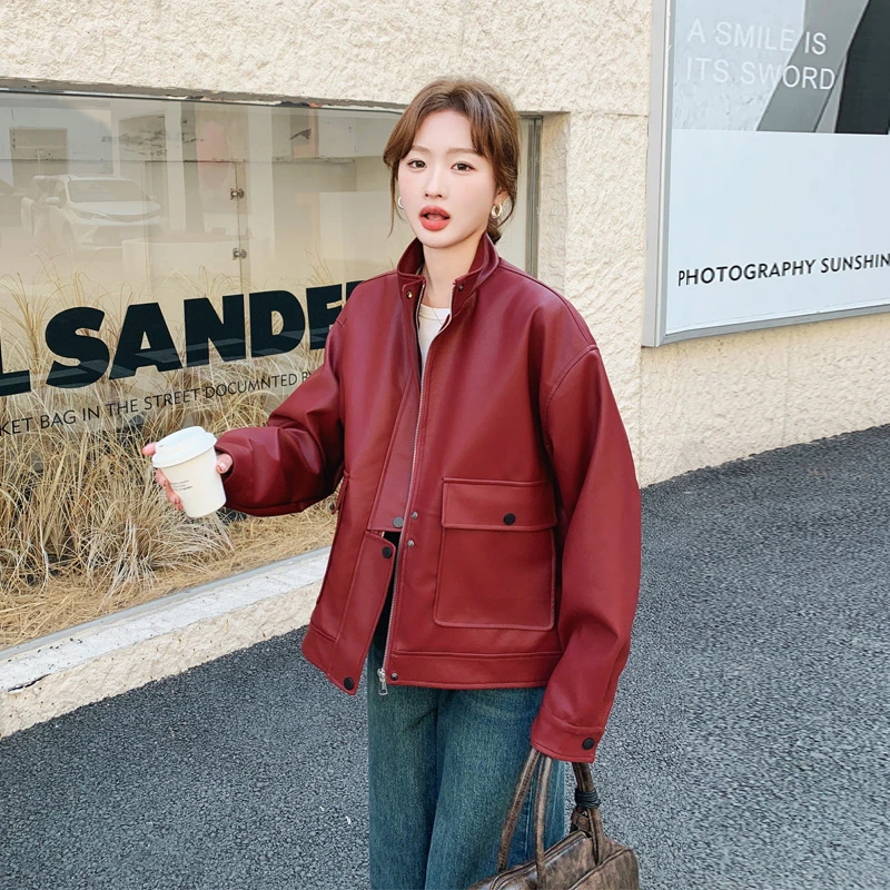 安可拉红皮衣外套女2025春秋新款超显白甜酷氛围感小个子短款夹克