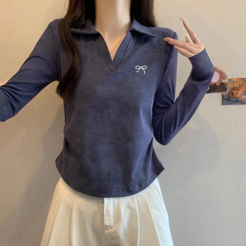 polo领纯棉扎染正肩长袖t恤女春秋季设计感小众收腰打底衫上衣潮