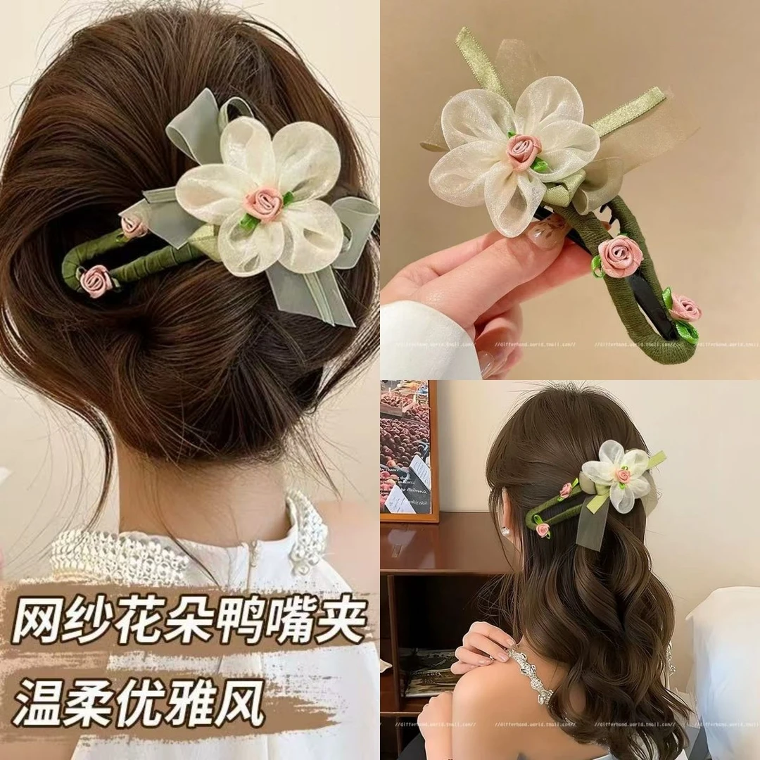 超仙网纱花朵发夹女后脑勺甜美森系鸭嘴夹2025新款鲨鱼夹一字抓夹