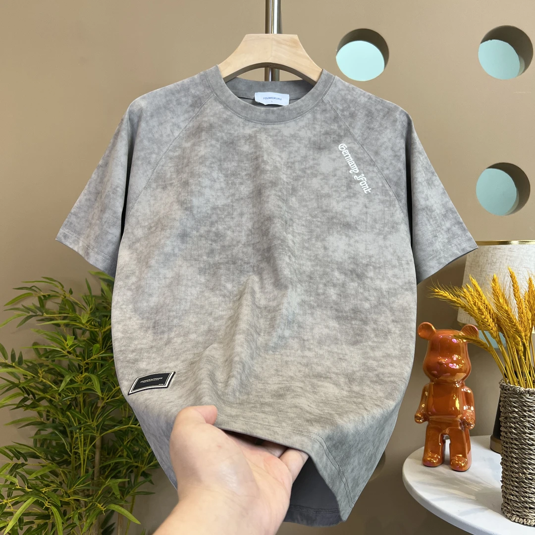 男士2025夏季青春拼接新款T恤男时尚刺绣百搭圆领扎染短袖【5572】