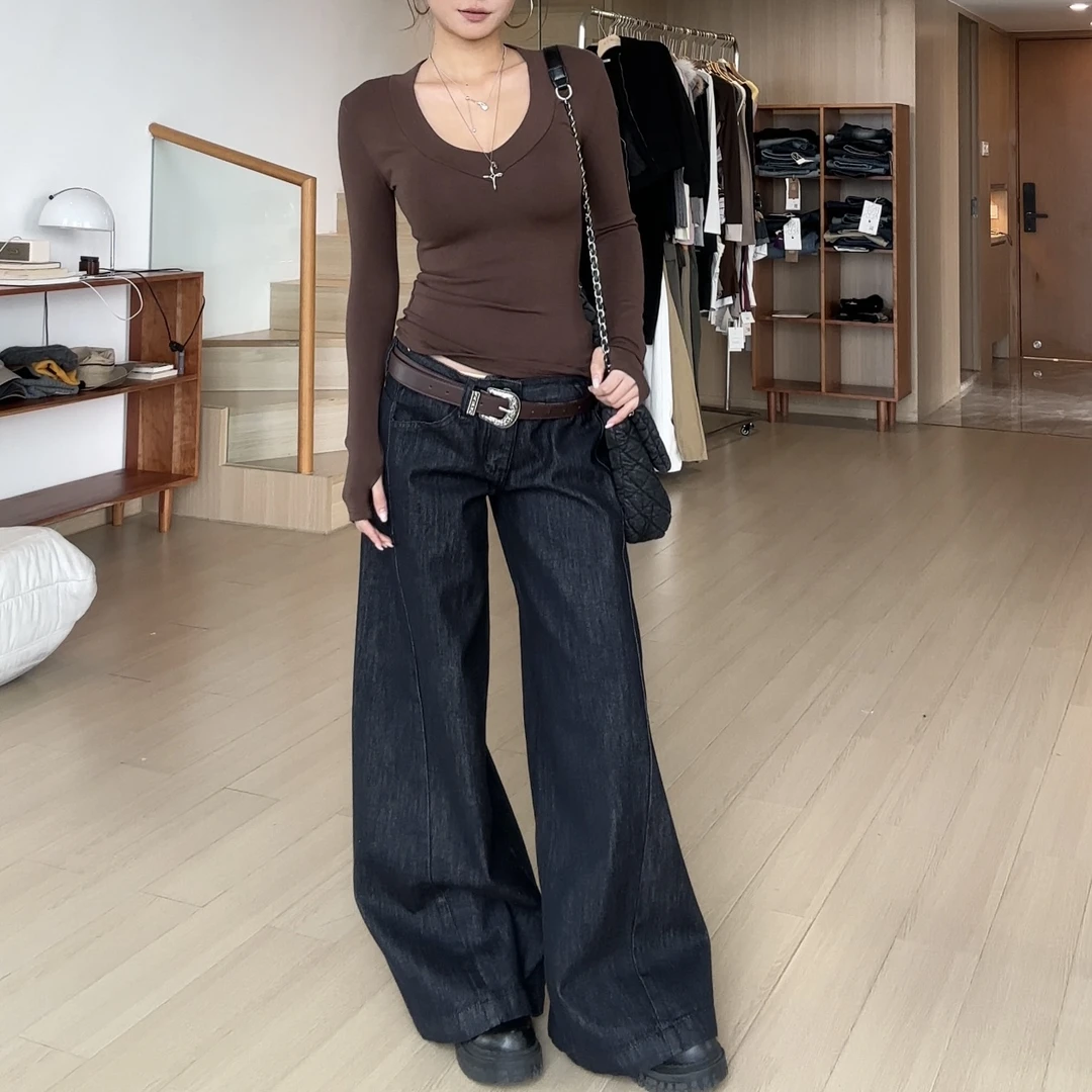 【部分现】低腰宽松A字型洗水原色牛仔长裤2025新款阔腿裤Q254337