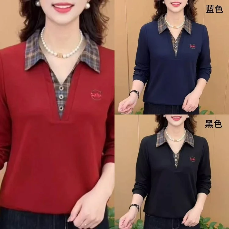 雅鹿优选2025秋冬时尚妈妈装假两件翻领长袖T恤中年百搭休闲女装