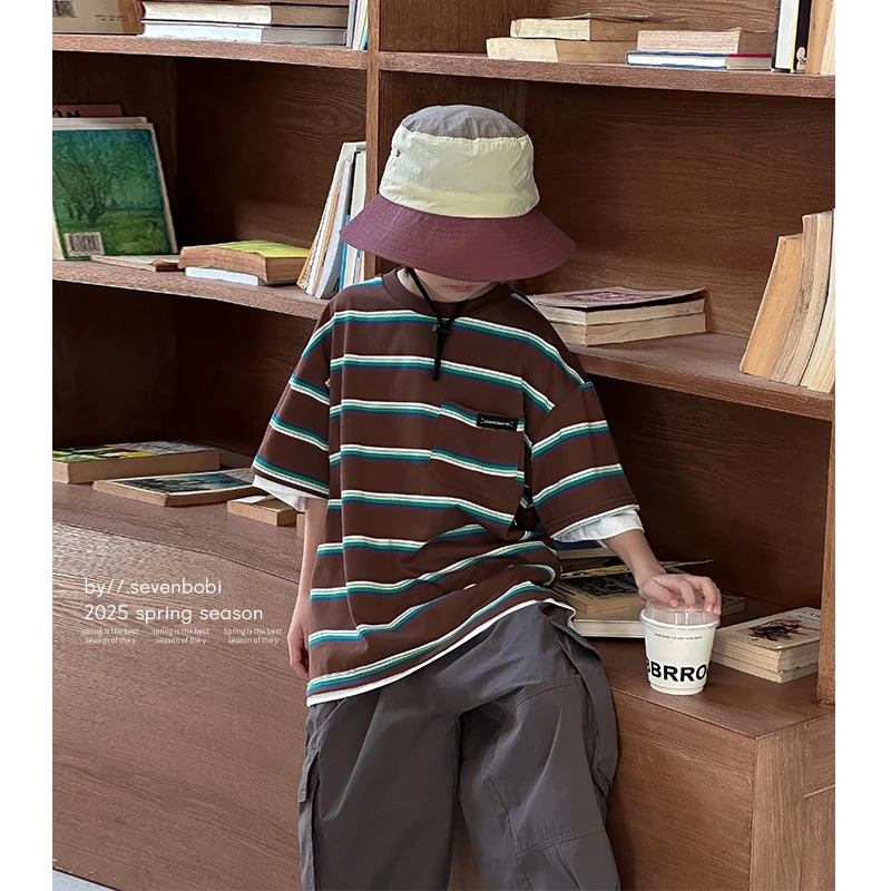 【现货】男童条纹短袖t恤儿童短袖2025新款韩版宝宝宽松上衣夏季