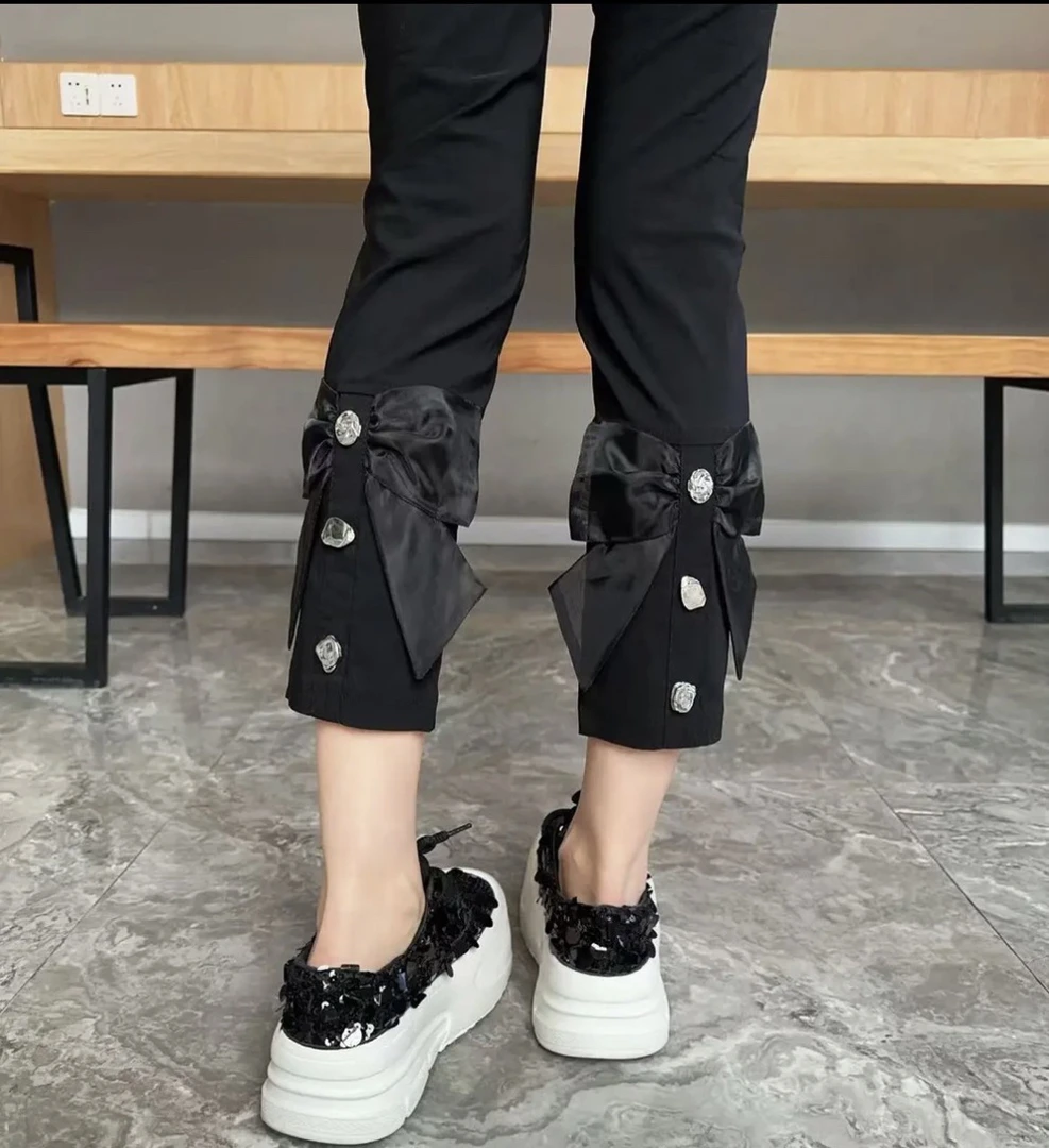 2025夏季中腰弹力松紧腰蝴蝶结烟管裤083