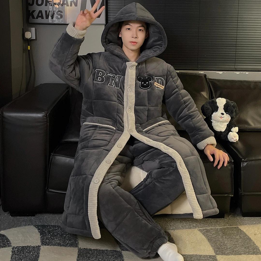 三层夹棉加厚睡袍冬季男士睡衣加厚加绒可外穿珊瑚绒家居服 7850