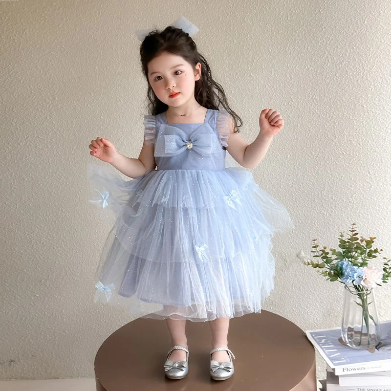 女童高端连衣裙夏季儿童日常生日礼服公主裙网纱蓬蓬裙唯美头纱裙