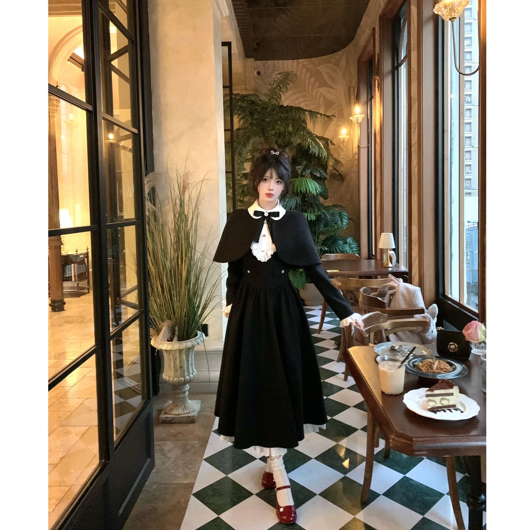 予夜诗 法式复古温柔千金风套装女纯欲披肩长款连衣裙两件套潮